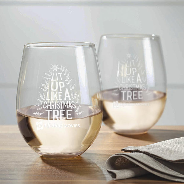 Lifetime Movies Holiday Lit Up Like A Christmas Tree Laser Engraved Stemless Wine Glass - Set of 2